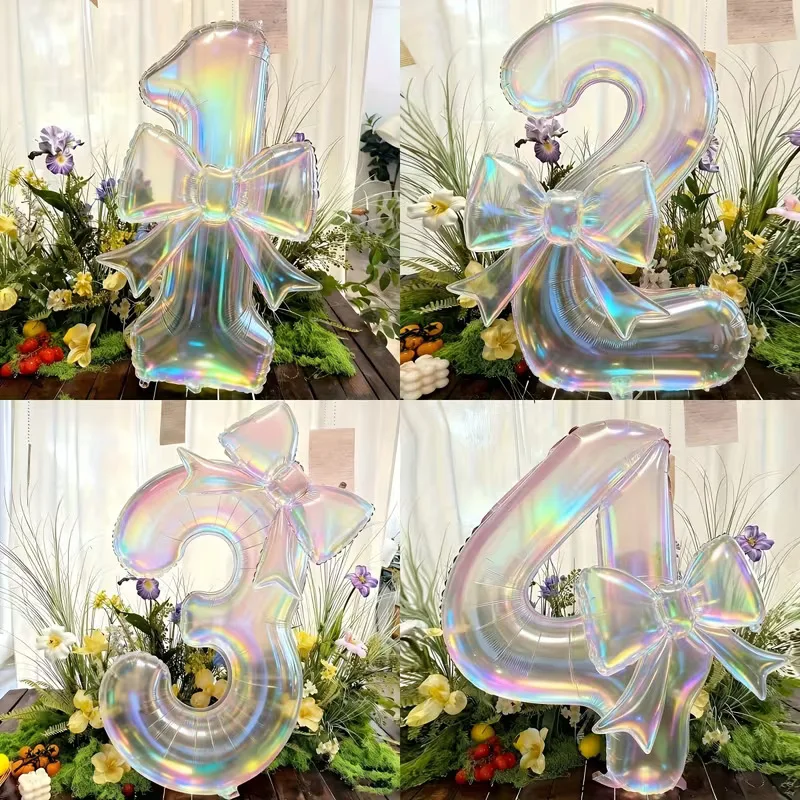 40-Zoll transparenter, irisierender Zahlenballon mit 24-Zoll Schleifenballon-Set für Kinder und Erwachsene, Geburtstagsfeier-Dekoration und Gastgeschenke