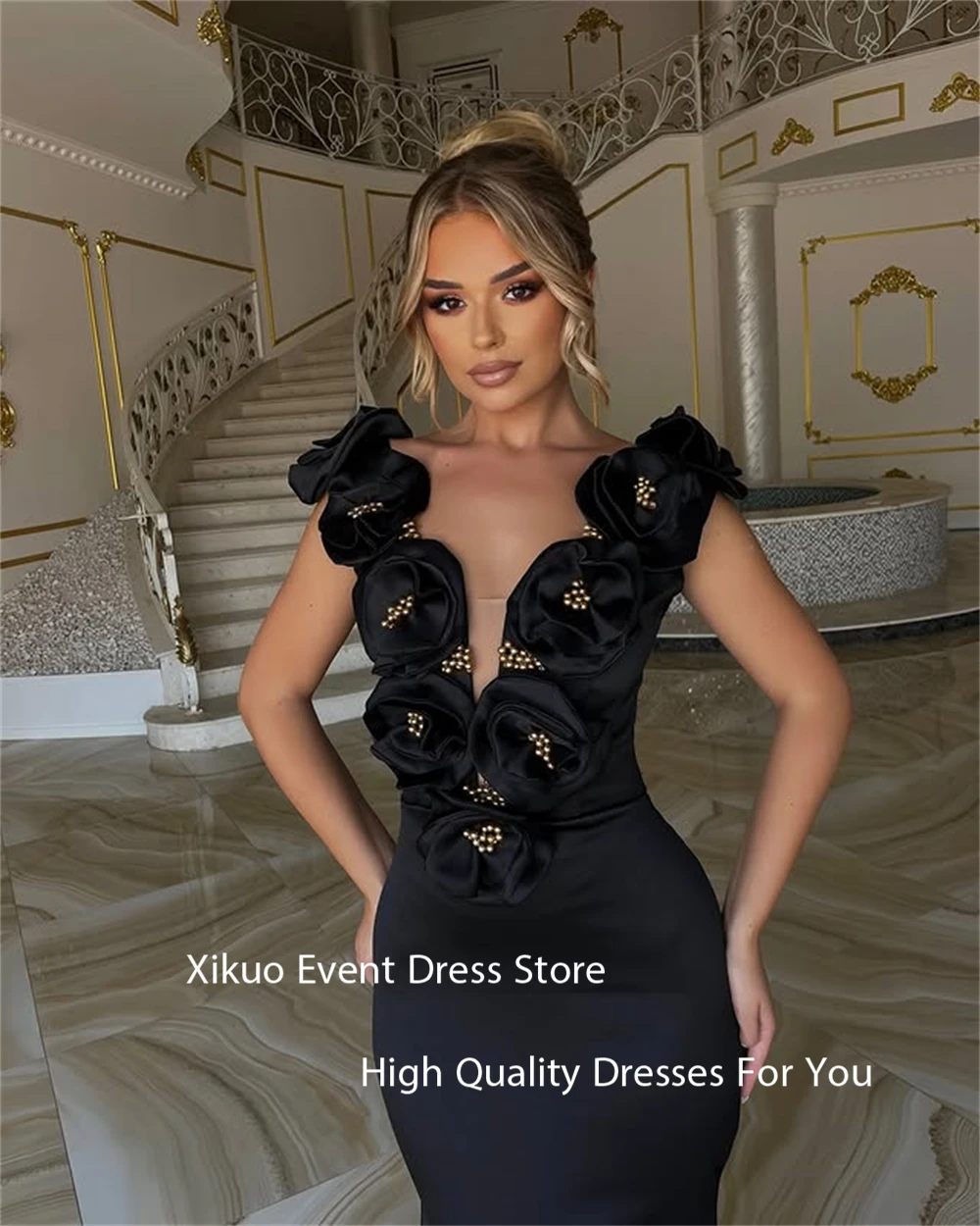 Xikuo Formal Black Satin Evening Gown Long Mermaid V Neck Robe Cocktail Femmes 3D Flowers Beadings Party Prom Dresses Customized