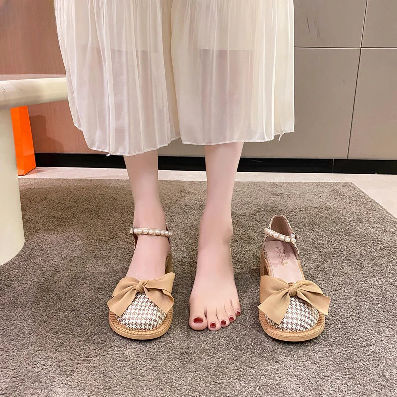 Summer 2024 Round Toe Tip Footwear Rhinestones Sandals for Woman Closed Women\'s Shoes Black Heeled Pumps High Heels Diamond Bow