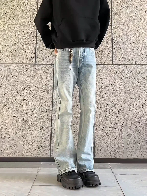 

Светло-голубые джинсы-клеш для мужчин в американском стиле High Street, прямые, зауженные, длинные брюки, молодежная мода, хлопковая смесь