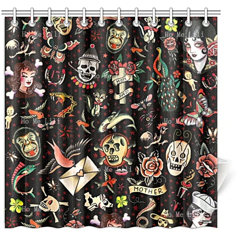 Old School Tattoo Waterproof Shower Curtain Vintage Skull Girls Geisha Flash Novelty Bathroom Decor With Hooks