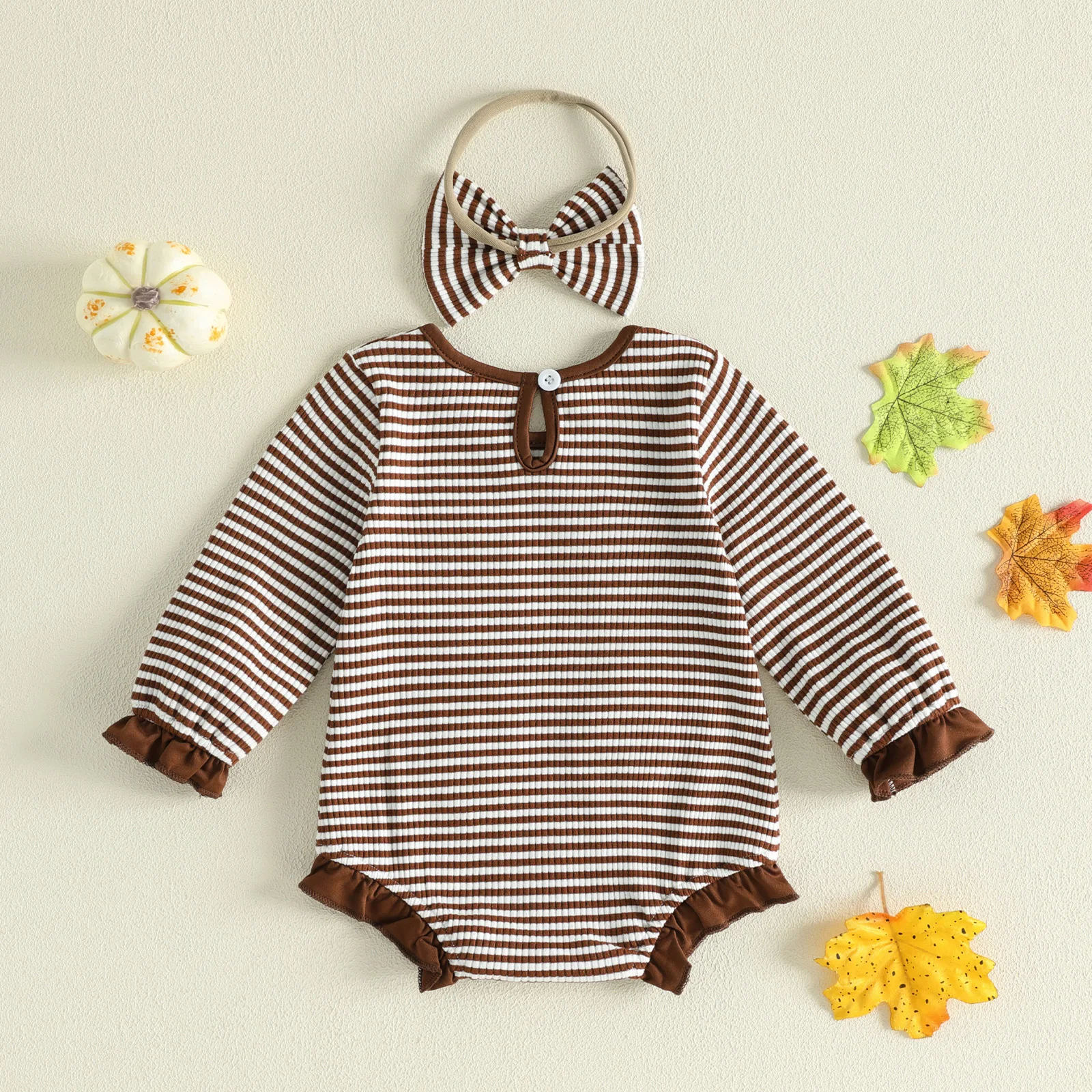 Thanksgiving Baby Girl Outfit Stripes Embroidery Turkey Romper and Hairband