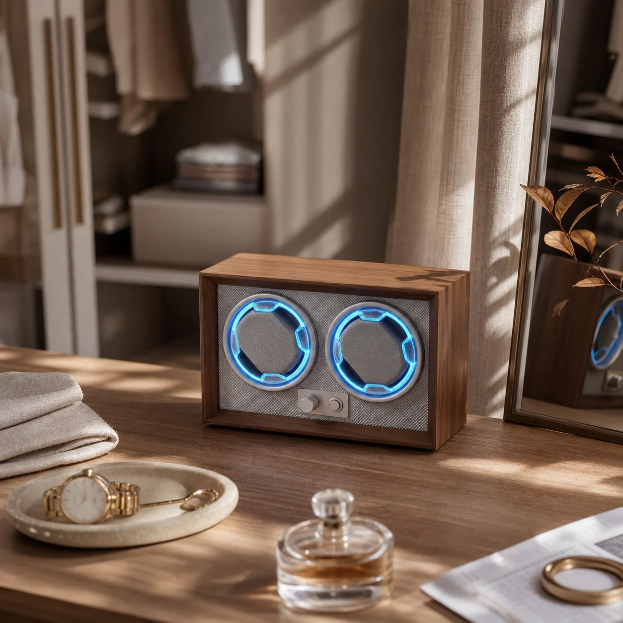 Automatic Watch Winder Double Two-Watch Watch Winder Appliance Electric Adjustable for Dresser, Nightstand