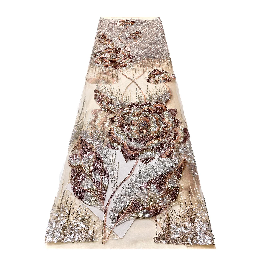 

2025 African Luxury sequined embroidered beaded Lace Fabric Nigerian beaded lace tulle Fabric wedding party dress sewing