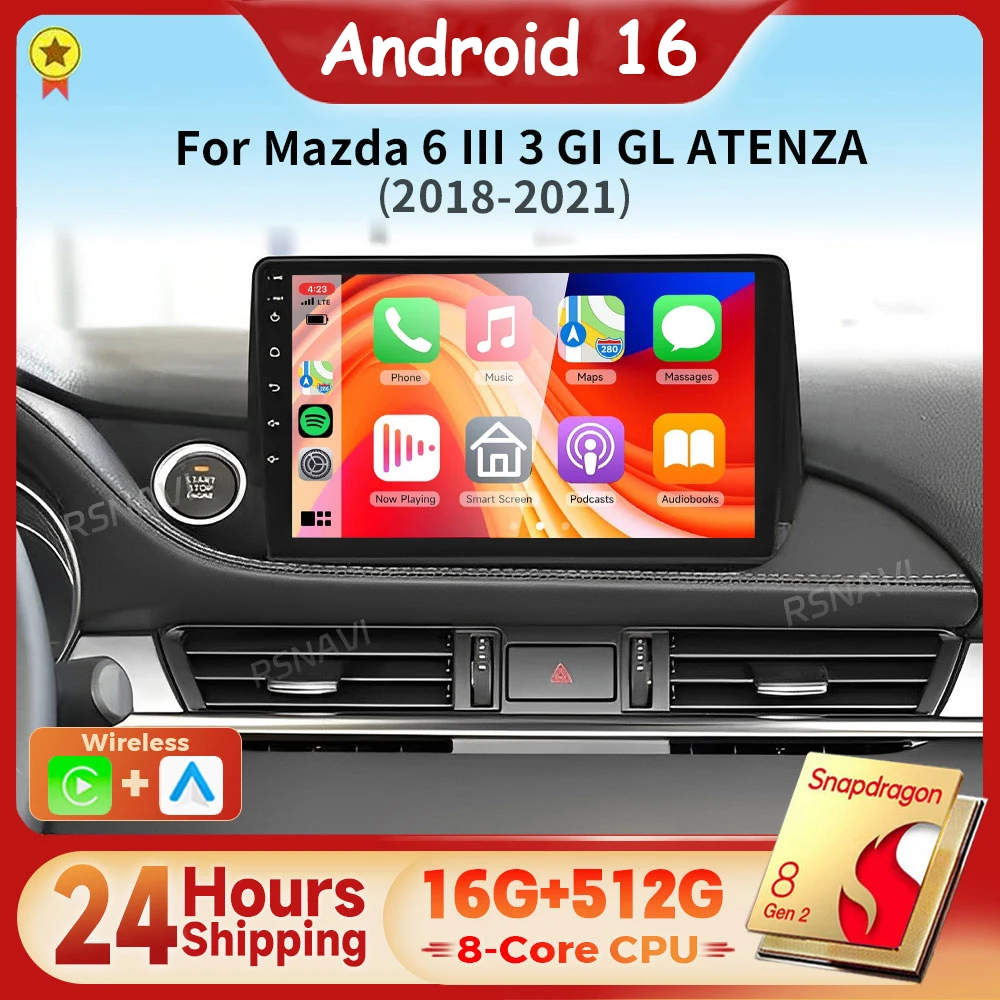 Android 16 Qualcomm Carplay Auto 2K Screen Car Radio Multimedia Video Player For Mazda 6 III 3 GJ GL 2018 - 2021 GPS Snapdragon