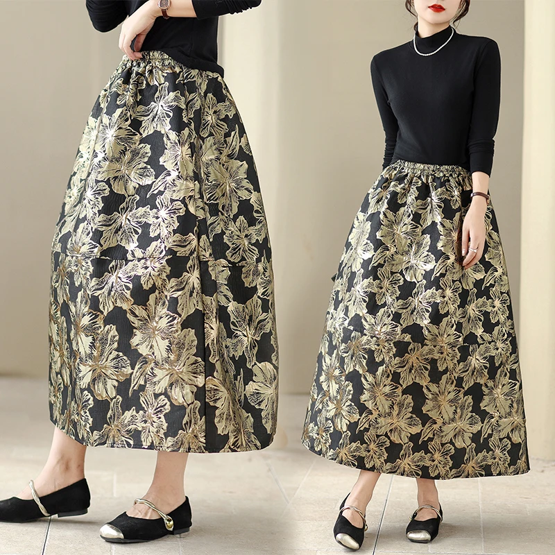 

Осень-зима, высокая талия Emed, повседневная универсальная юбка с цветочным принтом, женская юбка с эластичной резинкой на талии и цветочным принтом