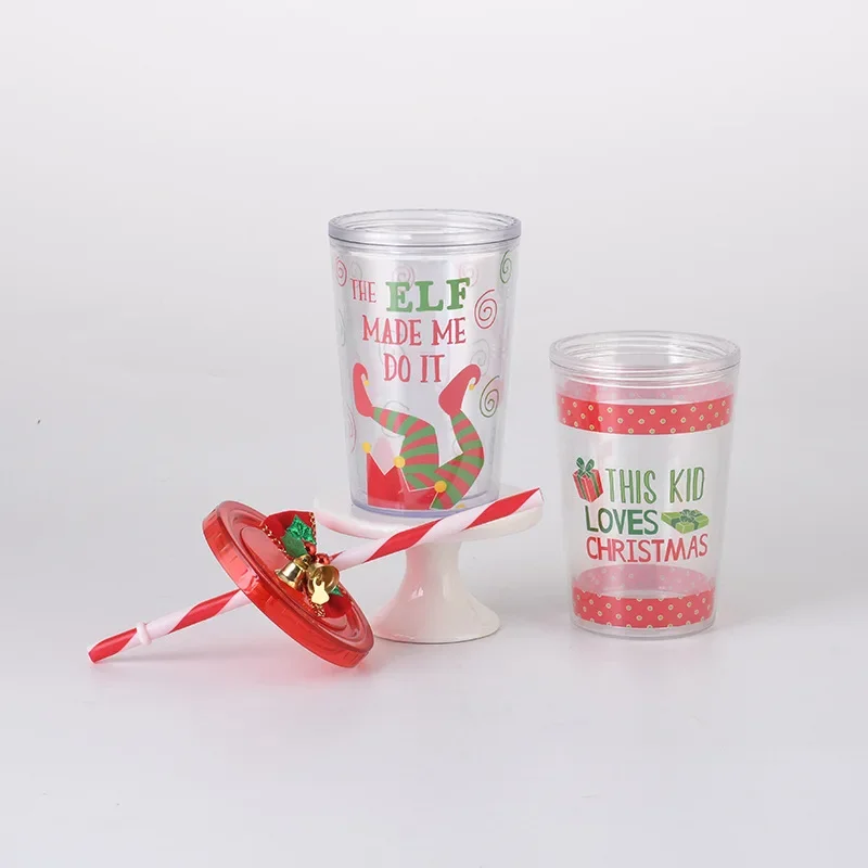 2024 new European and American Christmas double-layer plastic straw water cup bell Christmas gift unisex cup