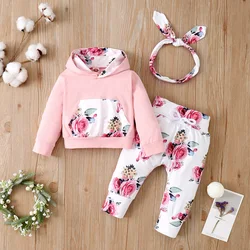 0-18 Months Newborn Baby Girl Floral Clothes Set Hooded Printed Top+Pant+Headband 3PCS Autumn&Winter Toddler Girl Fashion Outfit