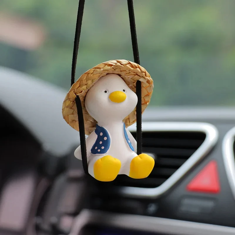 Car Rearview Mirror Pendant Cute Swing Duck Straw Hat Duck Car Pendant Parking Decoration Cute Pendant Car Creative Accessories