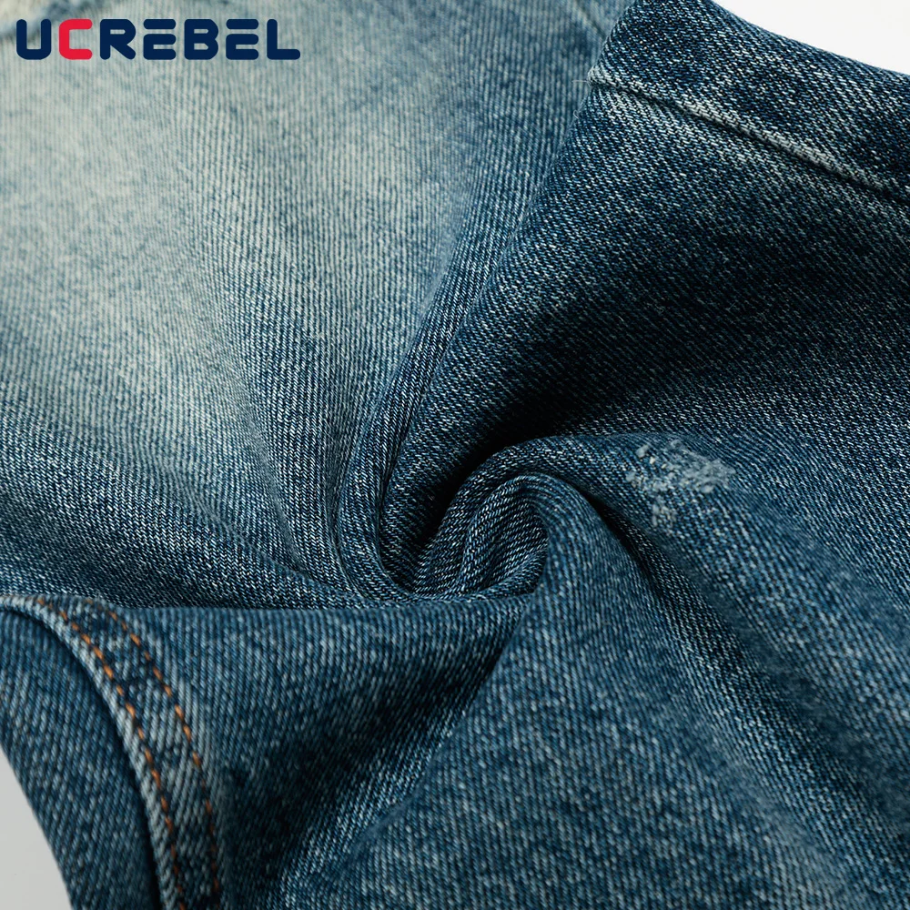 Gradient ย้อม Ripped กางเกงยีนส์ Mens High Street Retro ล้าง Distressed ตรง Baggy ขากว้างกางเกงผู้ชาย