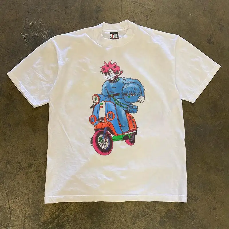 Camiseta de manga corta de algodón puro holgada estilo retro americano Heavyweight American Red Hair Blue Boy, cuello redondo...