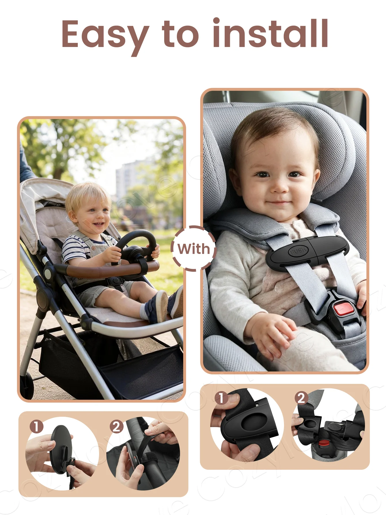 Baby Stroller Steering Wheel Toy & Chest Harness Clip,Toddler Pretend Driving Toy + Stroller Safety Strap Anti-Slip Chest Buckle 6
