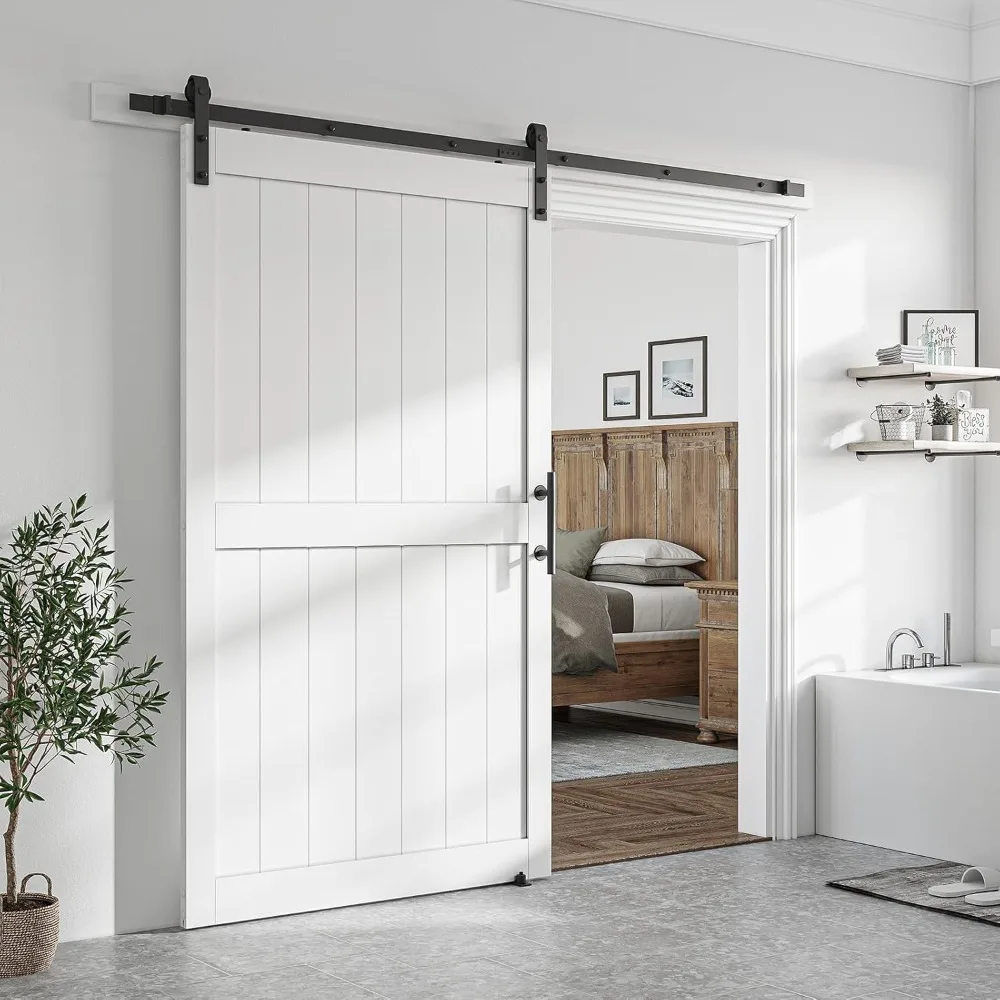 White Slidng Barn Door with Black Sliding Door Hardware Kit & Handle, Pre-Drilled Ready to Assemble, Waterproof Coating