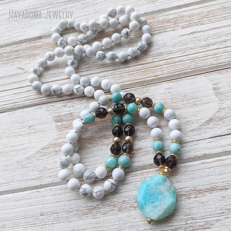 

10Pcs White Blue Gemstone 108 Japa Mala Prayer Bead Necklace Spiritual Yoga Jewelry