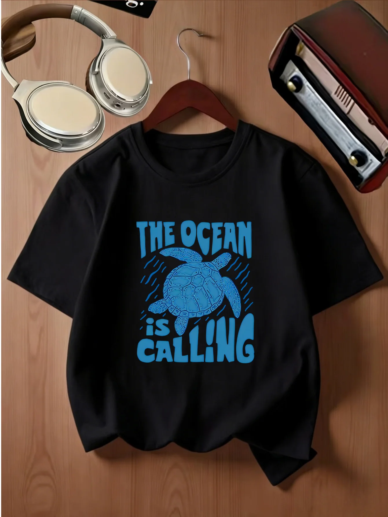 Blue Sea Turtle The Ocean Is Calling Text Print Kids T Shirt Boys Girls Family Matching Parent Child Summer Crew Neck Casual Tee