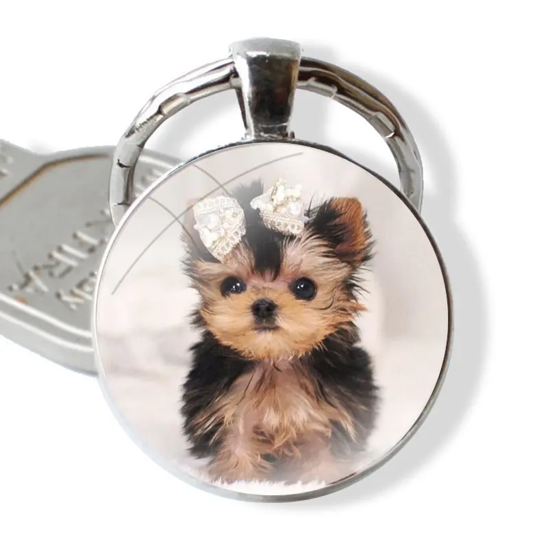 Keychain Handmade Glass Cabochon Key Ring Holder Pendant Key Chains Cartoon Design Creative Fashion Cute Yorkshire Terrier Dog