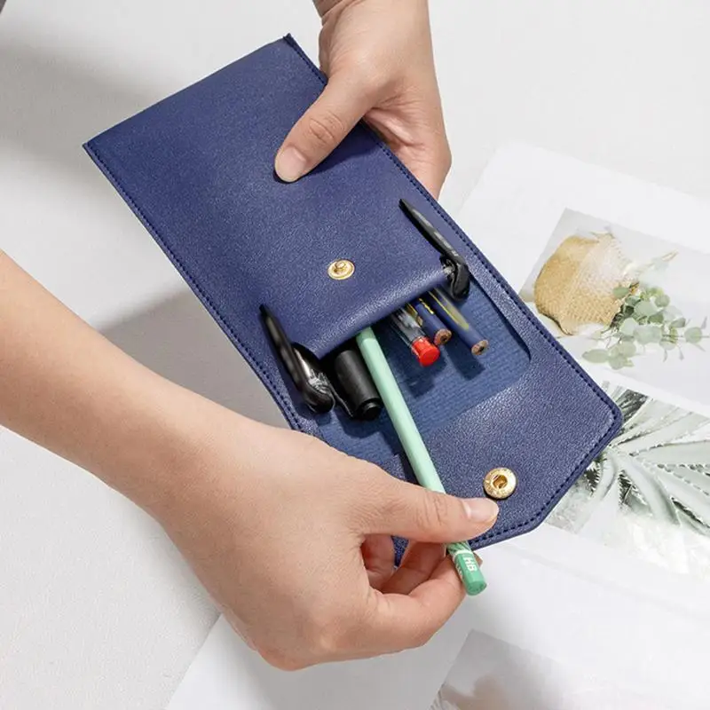 New New Pencilcase Faux Leather Large Capacity Multi-Slot Pouch - Pure Color Stationery Organizer / Pen Protective Case