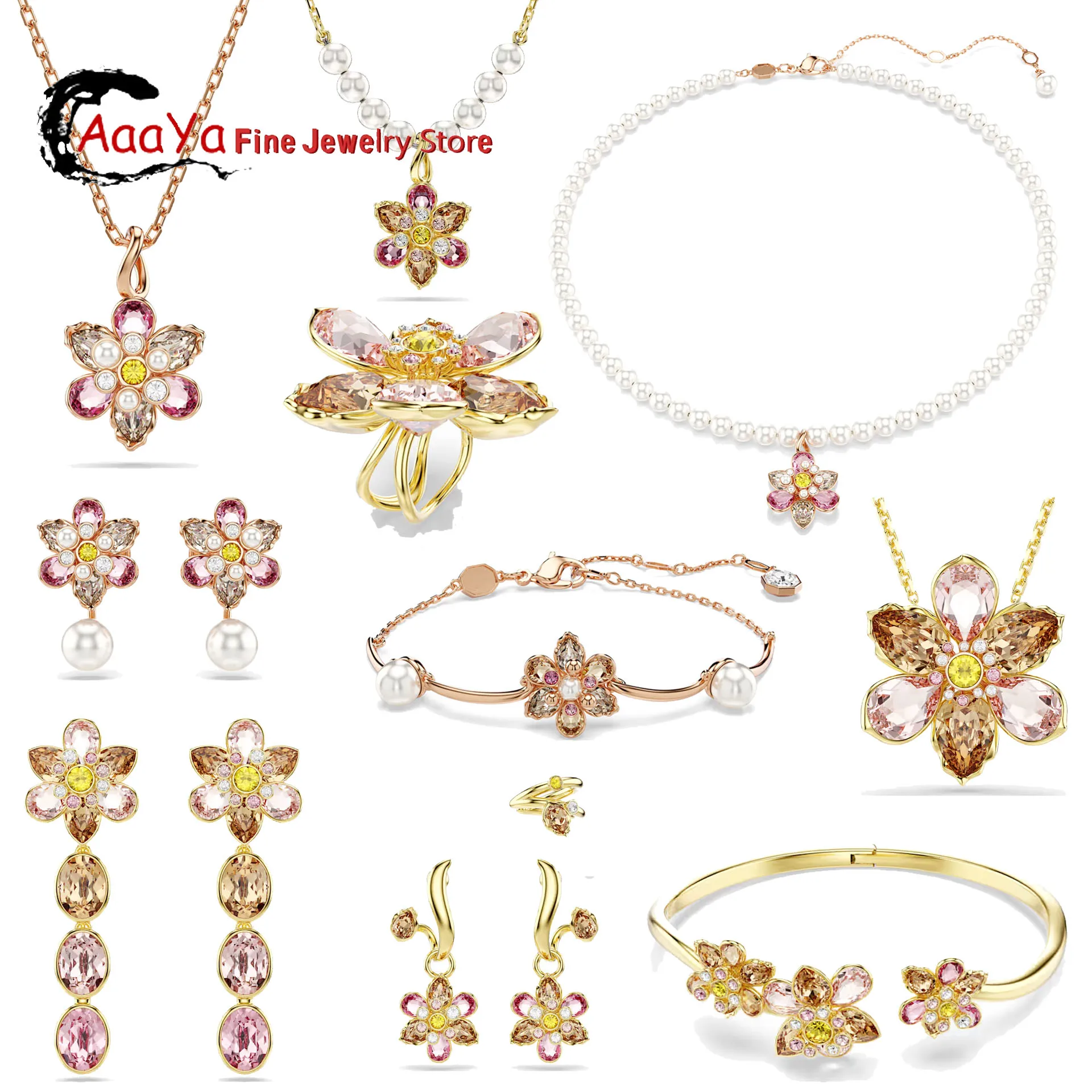 

Original New Charms Flower Stainless Steel Fine Jewelry Set for Women Pink Flower Necklace Earrings Bracelet Accessories Gift