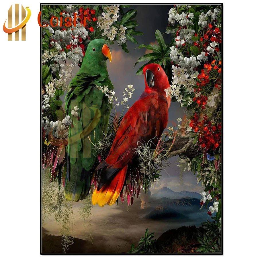 Animal Full Square Diamond Painting, Mosaic Picture of Rhinestone, Round Diamond Embroidery, Red and Green Parrot, Hot Sale