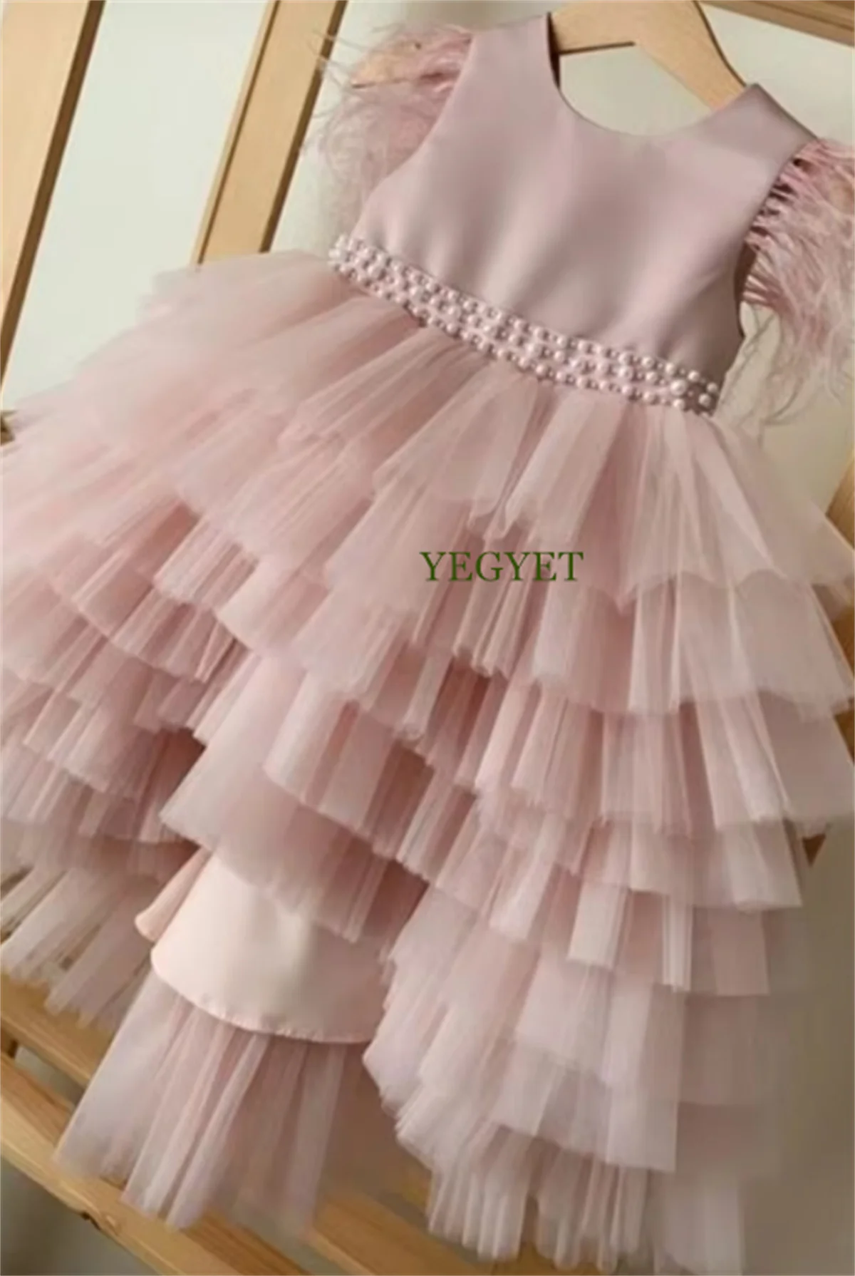 Pink Tulle High-Low Baby Girl Dress Tiered Tulle Feather Sleeves Little Princess Guest Dress Girls Birthday Party Gown with Bow