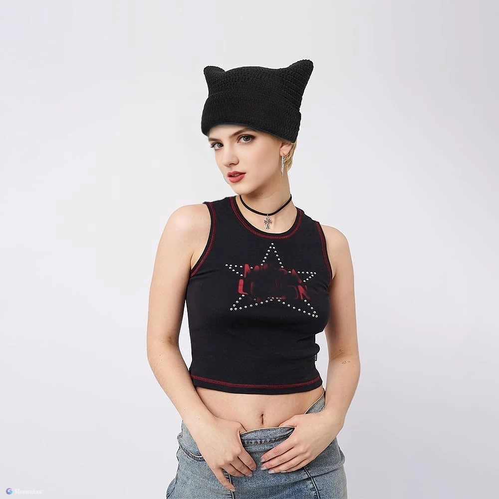 Urocze kocie uszy czapka typu Beanie dla kobiet zimowe paski koreańska moda Y2K HipHop Cosplay z dzianiny Streetwear męskie czaszki