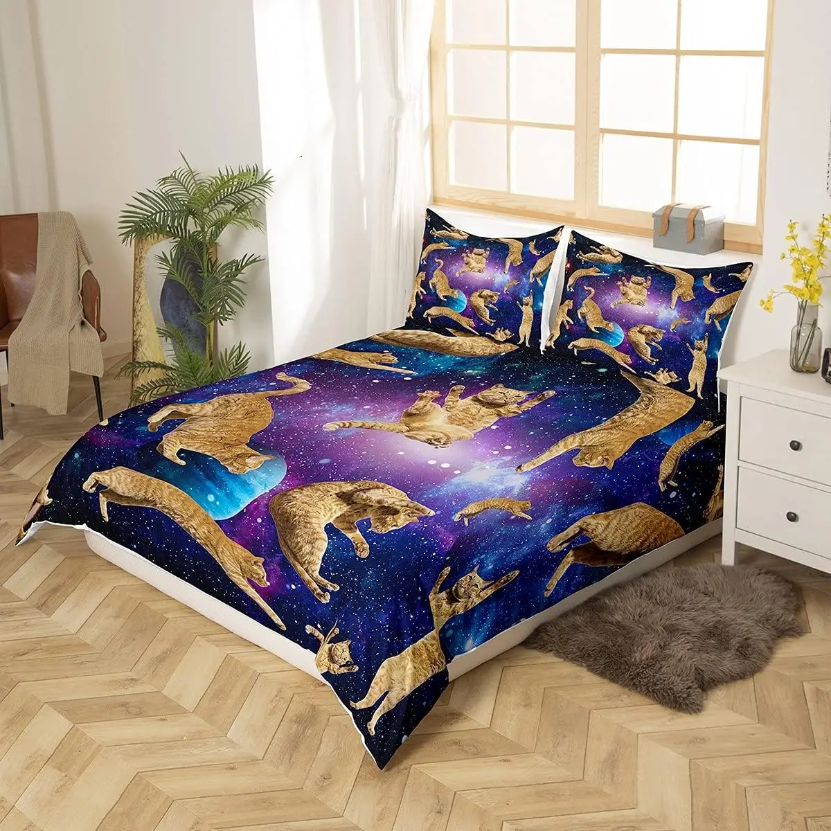 Galaxy Cute Cat Duvet Cover Set Single Size Space Universe Planets Bedding Set With 1 Pillowcase For Kids Girls
