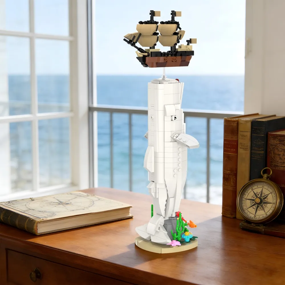 Bloques de Construcción MOC Moby Dick, Novela Clásica, Ballena Espada Blanca Atacando al Capitán Ahab en el Pequod, Modelo de Ladrillos de Juguete, Regalo para Adultos