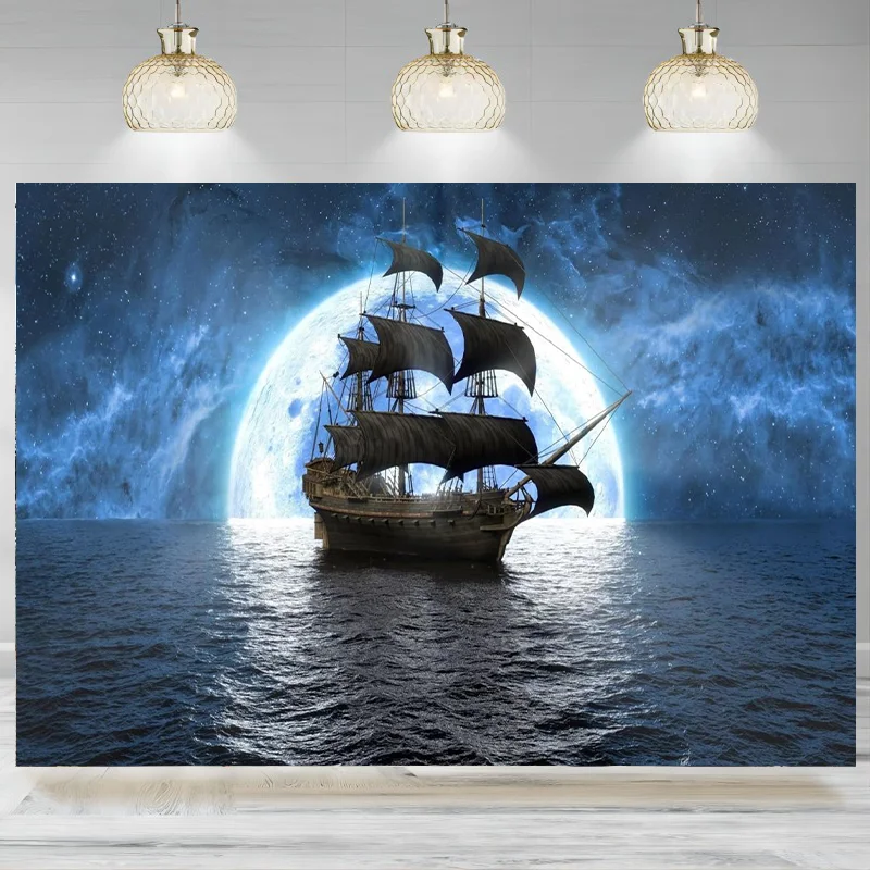 Pirate Ship Backdrop Dark Night Galaxy Sky Sea Ocean Sailboat Photographic Background Cruise Ship Birthday Holiday Decor Banne