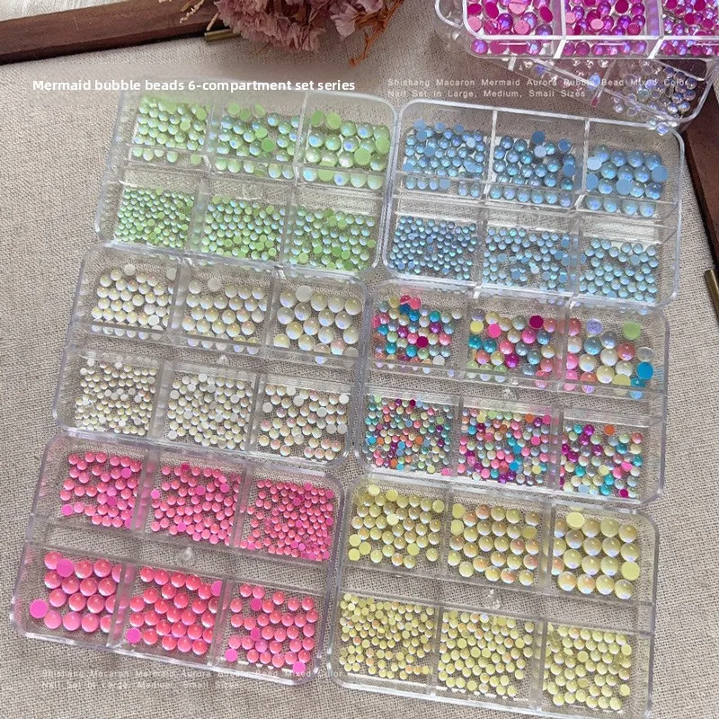 Hot Sale Mermaid Bubble Beads Nail Charms Half Round Aurora Iridescent Macaron Color Nail Art Rhinestones Decor Accessories