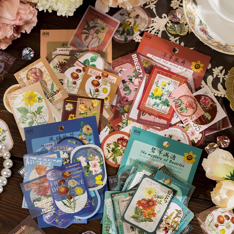 40-teilige europäische Blumenaufkleber aus Vintage-Goldfolie, elegante Retro-Blumenmuster, selbstklebend für Tagebuch, Heimwerker und Sammelalbum