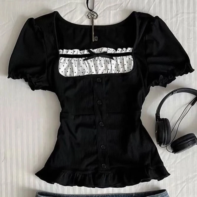 Camisetas ajustadas de dos piezas falsas Vintage para mujer, camisetas de manga corta de retazos elegantes Hepburn, Tops negros con lazo para chica de calle alta