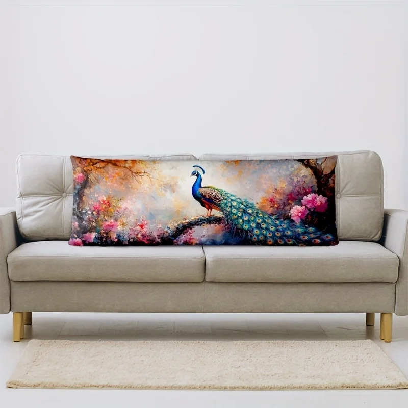 1pc Soft Long Lumbar Pillow Cover, Double-Sided Printed with Beautiful Peacock And Flowers, Suitable for Farmhouse Indoor Or Out
