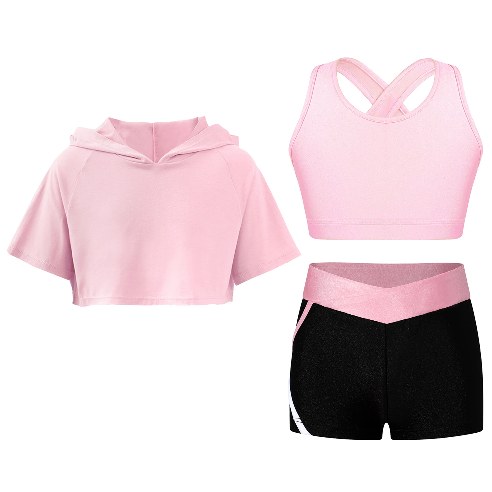 Kids Girl's Sports Gymnastics Outfit Yoga Sets Keyhole Back Vest Shorts Short Sleeve Hooded Crop Top Teen Athletic Tracksuit