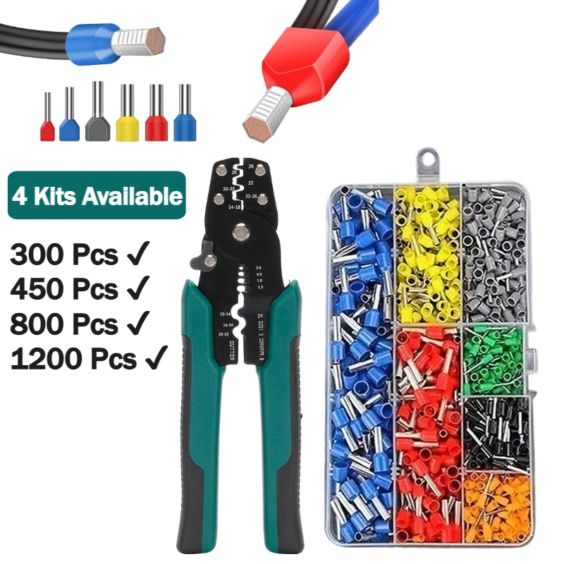 

Шестиугольный щипцы с храповым механизмом и набором инструментов для наконечников 300/450/800/1200 шт. для изолированных разъемов 20-8 AWG для электриков