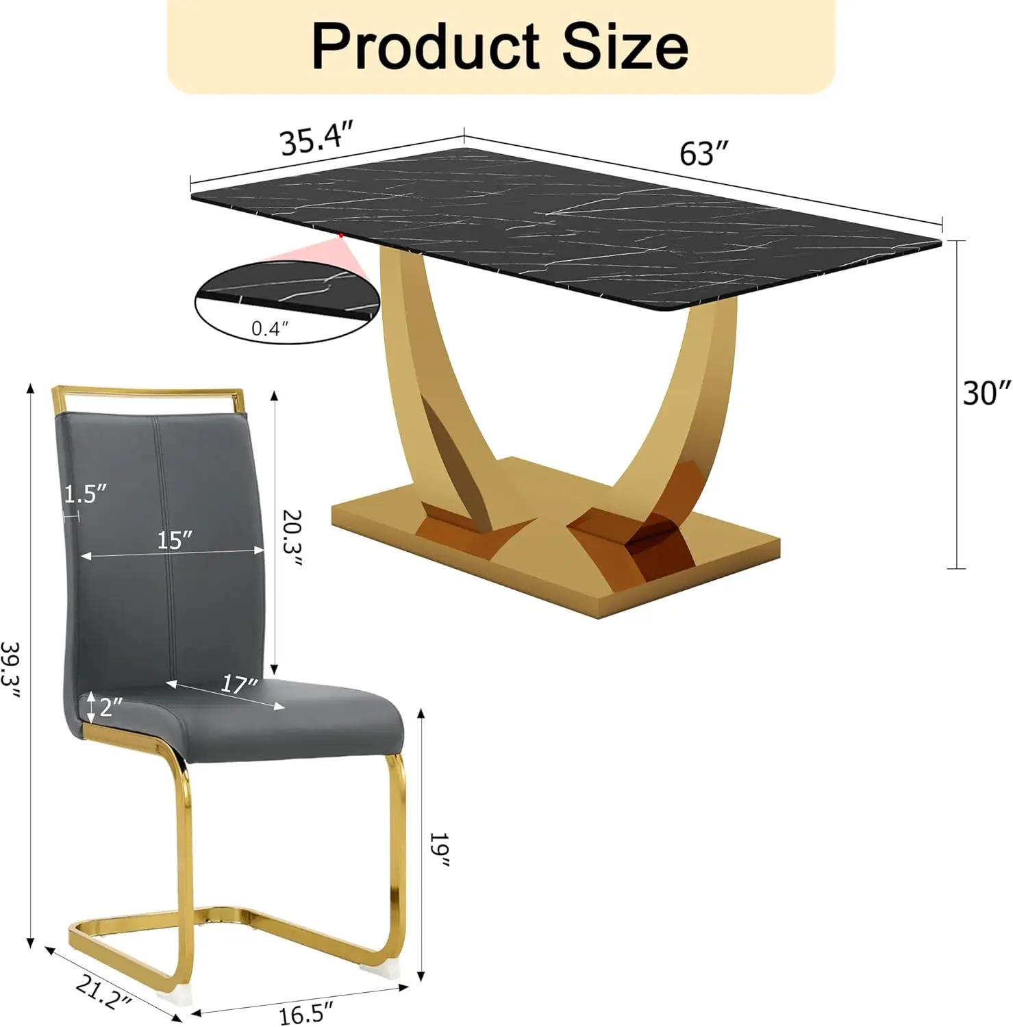 Ensemble de table de salle à manger rectangulaire avec chaises en cuir PU, table de cuisine dorée, noir, moderne, 63 po, 6