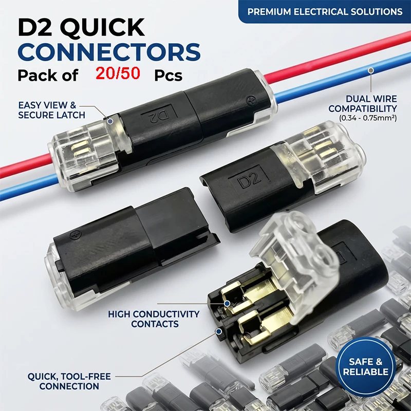 20/50Pcs D2 Quick Wire Connector Solderless Push-in Terminal Block Electrical Cable Splice Connector for Home DIY Automotive