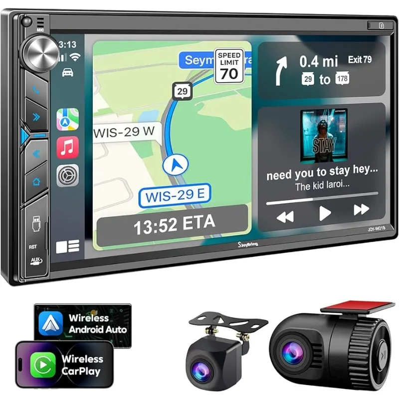 Double Din Car Stereo with Dash Cam - Voice Control, Android Auto, Steering Wheel Controls, 7