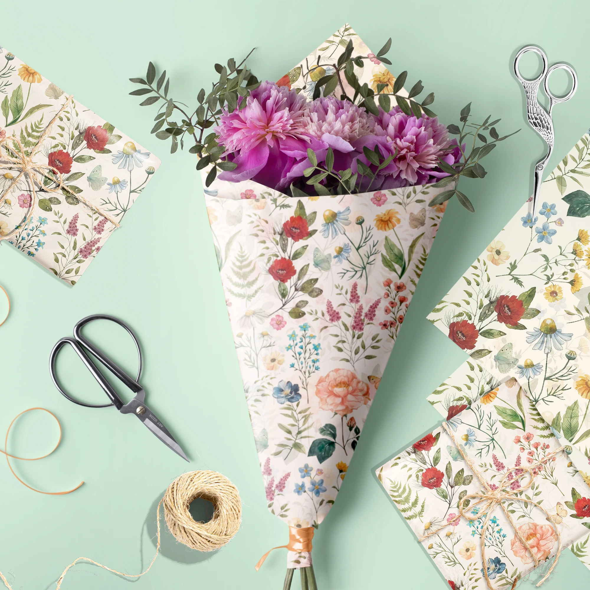 Vintage Botanical Flower Print Tissue Paper 6 Assorted Styles 50 Sheets Each, Gift Bouquet Wrapping Paper for Wedding Party Gift