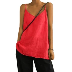 New Women Fashion Summer Casual O Neck Solid Color Cotton Linen Sleeveless Tops Basic Blouse Women For Daily Life