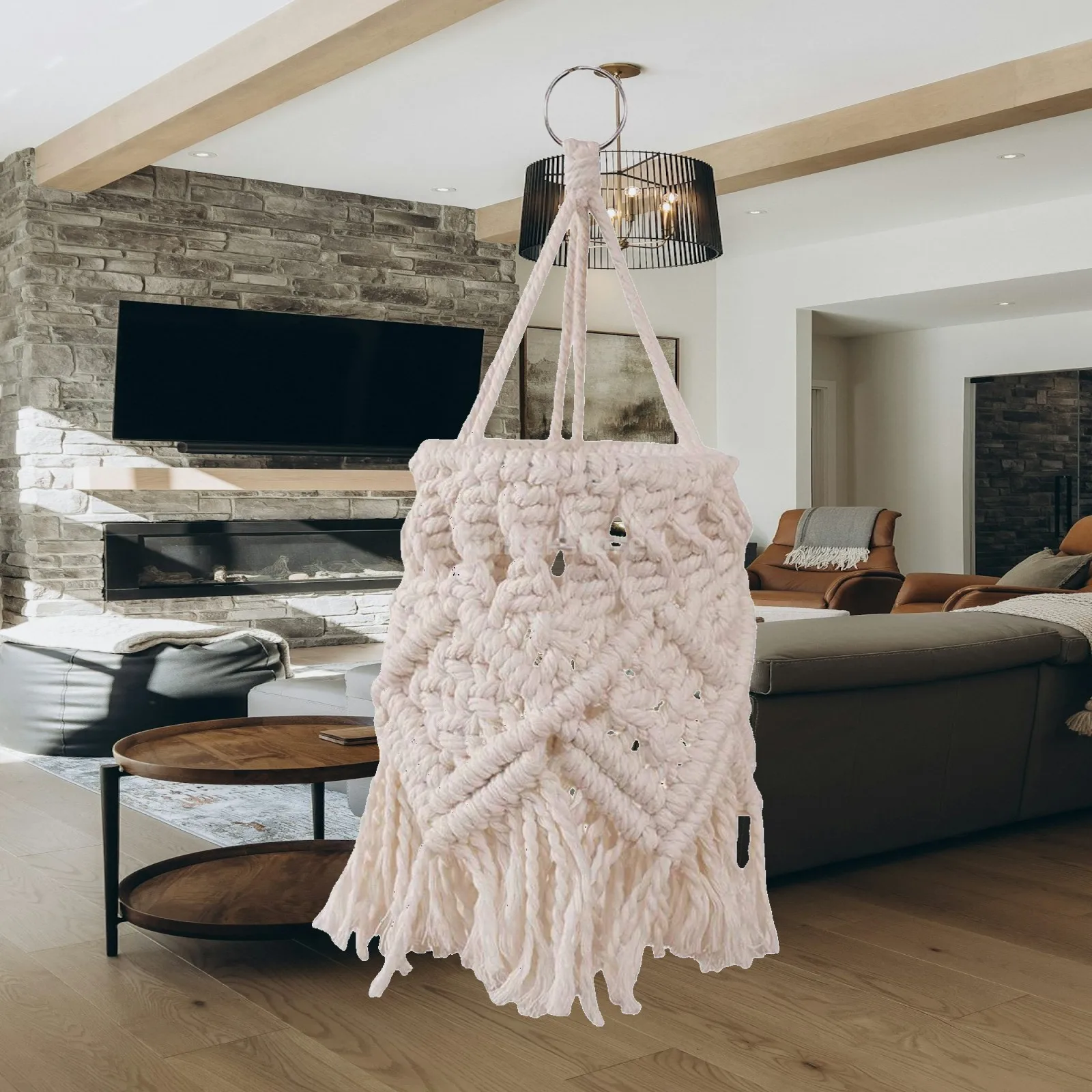 Boho Hand Woven Macrame Lamp Shade Cover Round Ceiling Light Cover for Living Room Dining Room Nursery