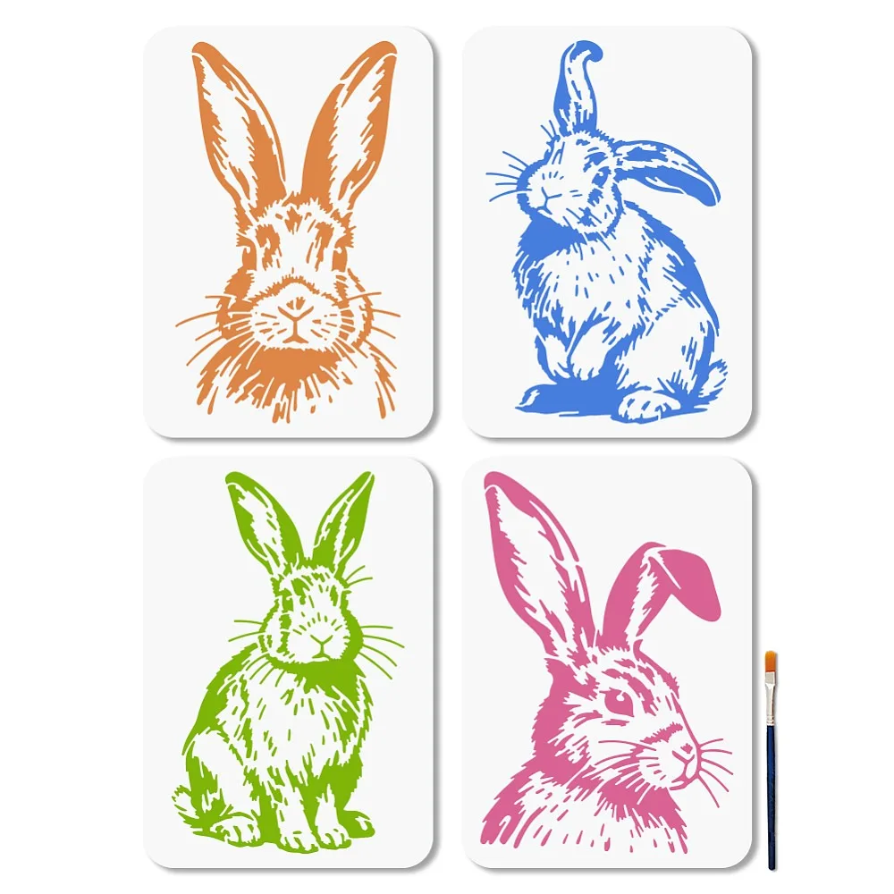 4Pcs Realistic Rabbit Stencils Plush Bunny Painting Stencil 11.7×8.3 inch Cute Animal Drawing Template with Paint Brush