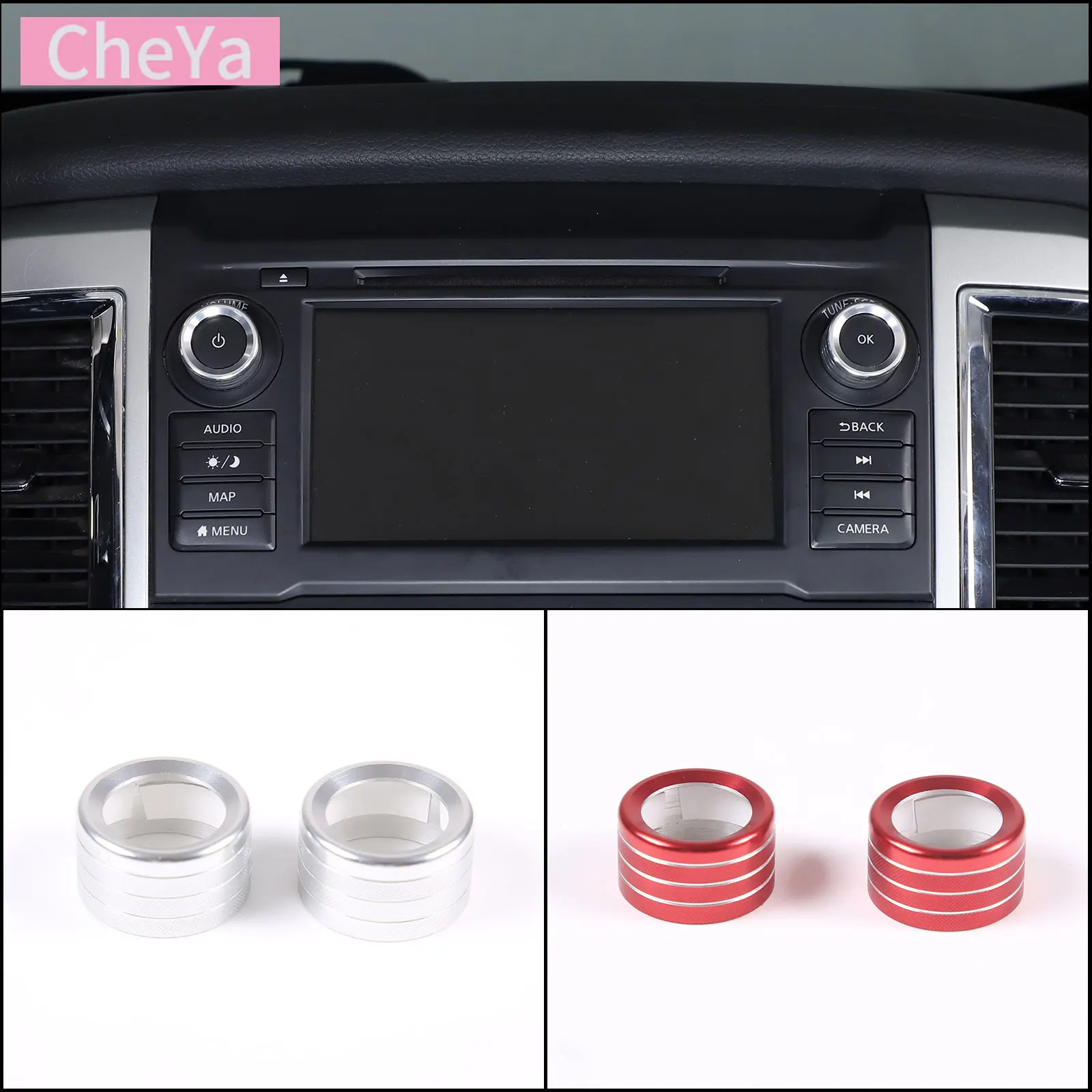 

For Nissan Titan 2016-2023 Car Central Control Multimedia Knob Aluminum Alloy Red/Silver Interior Modification Accessories 2 Pcs