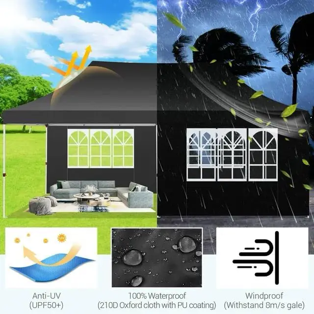 COBIZI 10x20 Pop Up Canopy Tent with Sidewalls, Commercial Ez Up Canopy, 3 Adjustable Heights, Waterproof and UV Protection 50+,