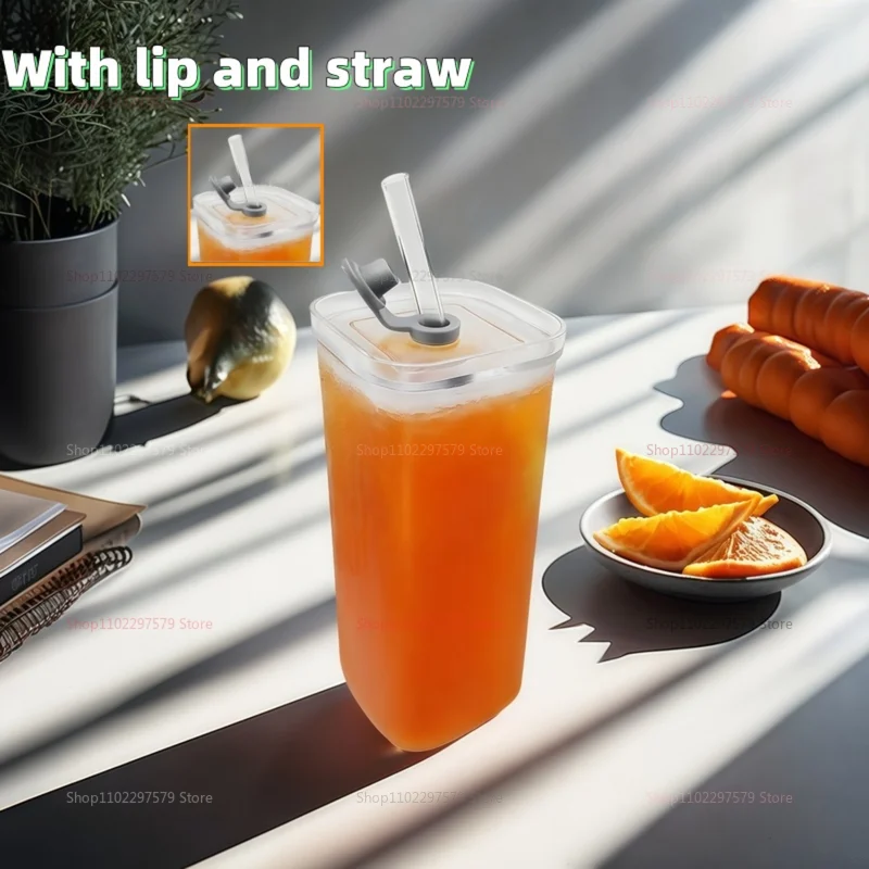 2025 New 400ML Creative Square Glass With Lid And Glasses With Straw Heat-Resistant Drinking Glass Water Bottle For Home Bar