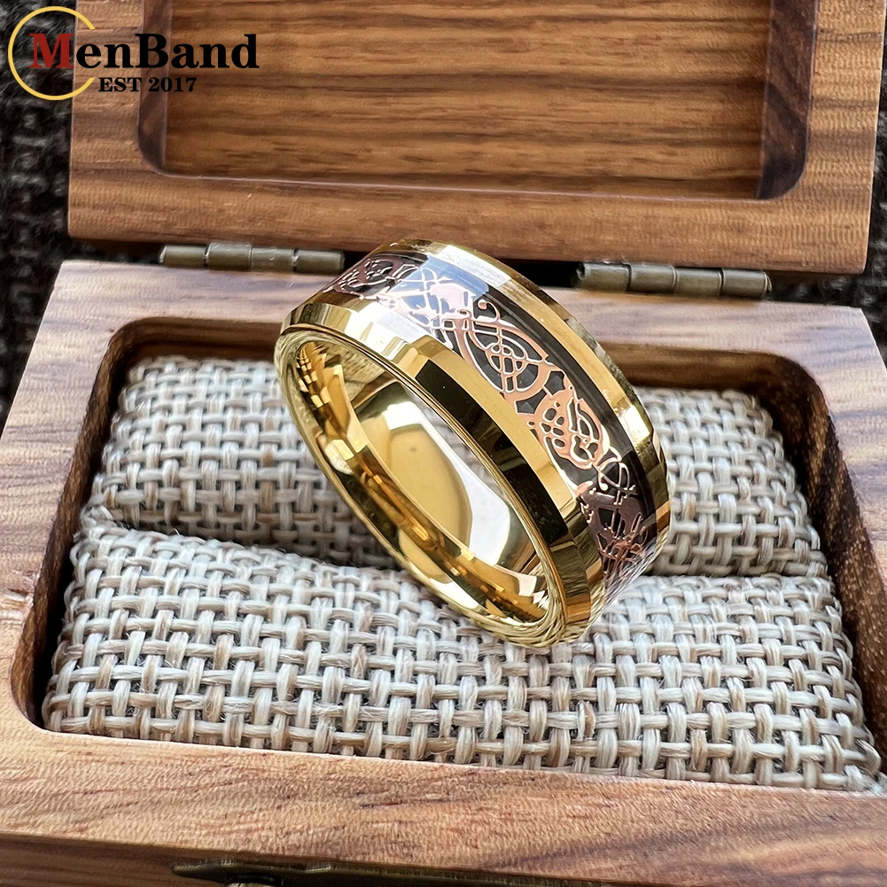 MenBand Fashion 8MM Tungsten Carbide Wedding Band Rings Gold Color Dragon And Carbon Fiber Inlay Comfort Fit