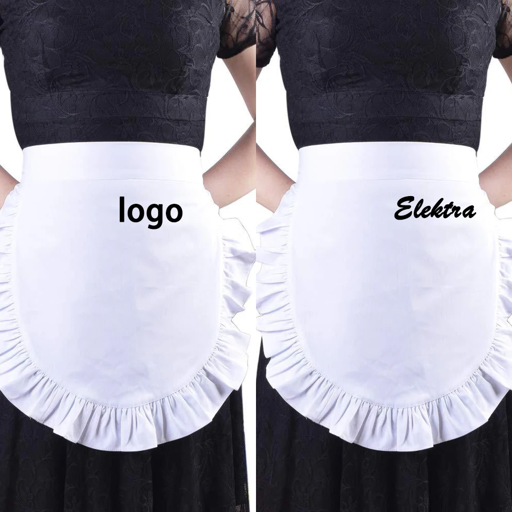 

Elegant White Ruffled Maid Apron with Personalized Logo Perfect for Home Cooking and Baking