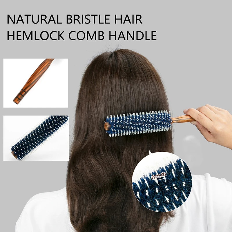 Round Blow Dry Brush Boar & Nylon Bristle Mix Anti Frizz Static Wooden Roller for Medium Long Hair Curl Shape Set Styling 1Pc