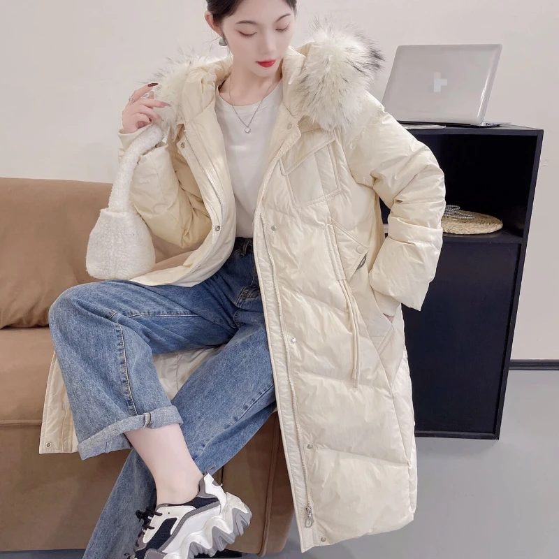 

Women's White Goose Down Jacket, Mid-length Outerwear, Large Fur Collar, High-end Elegant Parka, Thick Warm Winter Coat, Female