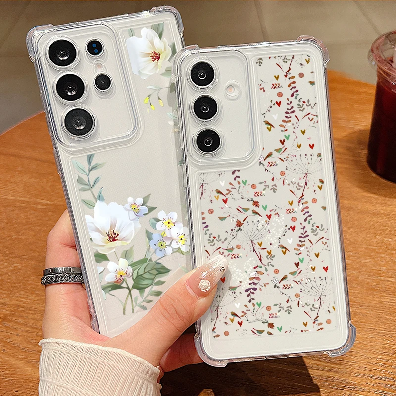 White Flower Phone Case For Samsung Galaxy A36 A56 A16 A55 A54 A15 5G S25 Edge S24 FE S25 S24 S23 Ultra S22 Plus Clear TPU Cover