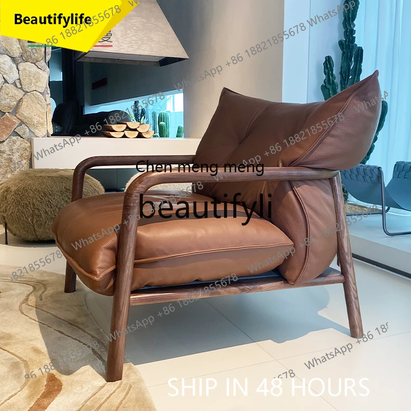 

2003 Designer Style White Ash Wood Genuine Leather Leisure Chair Nordic Living Room Single Sofa Chair with Backrest